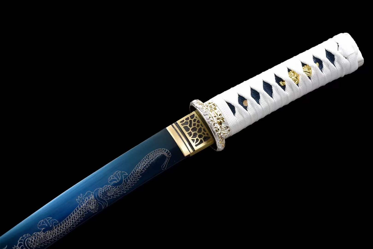 Handmade Japanese Wakizashi White Dragon Chant Short Sword Blue Blade - Tophatter Daily Deals