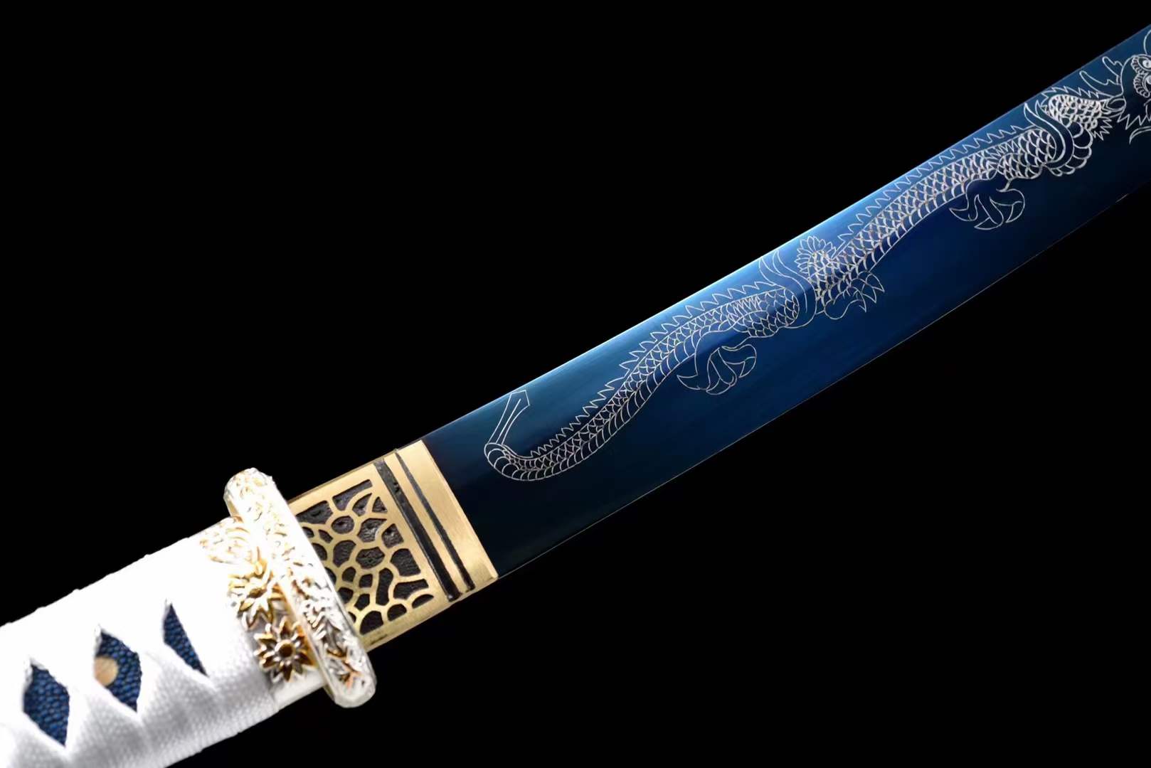 Handmade Japanese Wakizashi White Dragon Chant Short Sword Blue Blade - Tophatter Daily Deals