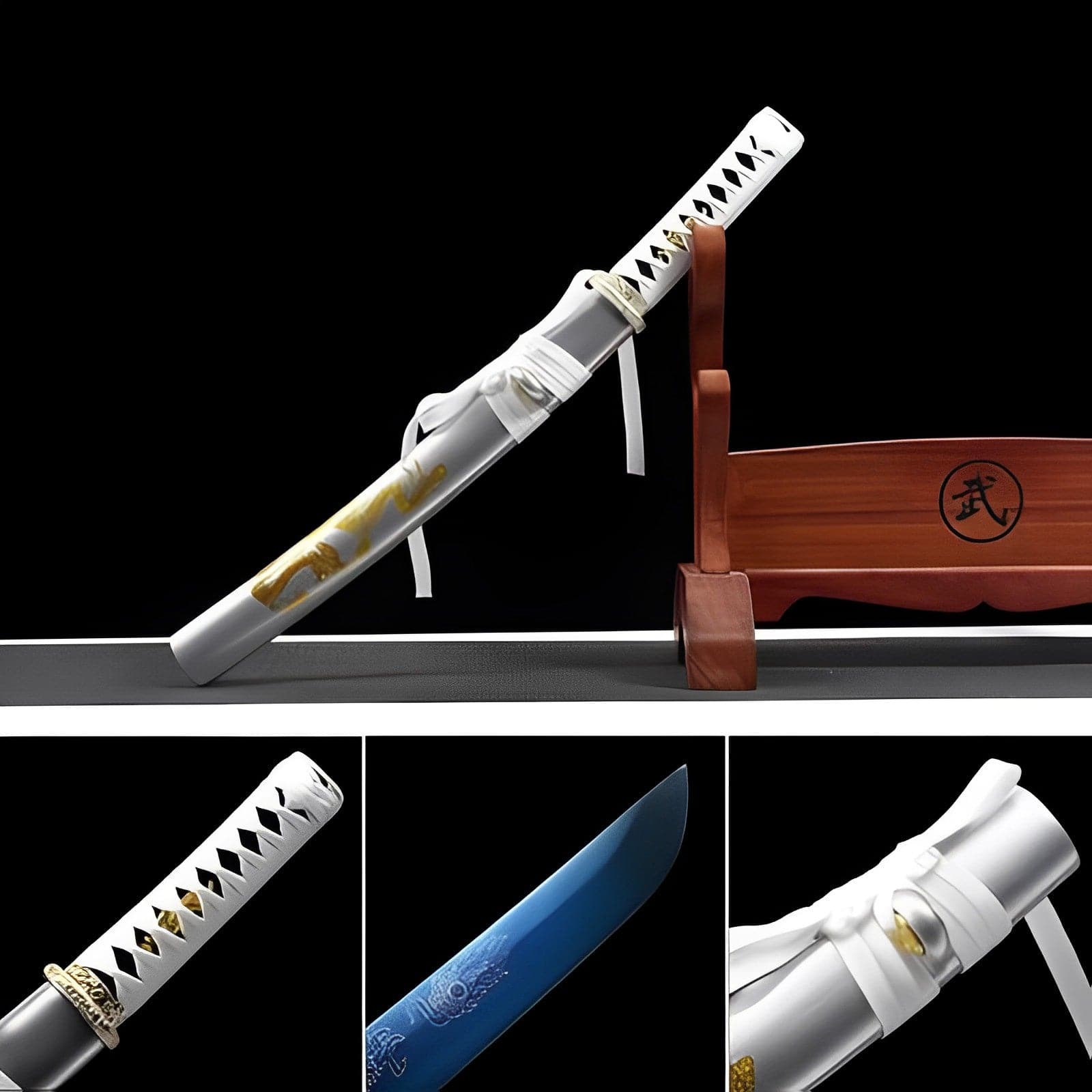 Handmade Japanese Wakizashi White Dragon Chant Short Sword Blue Blade - Tophatter Daily Deals