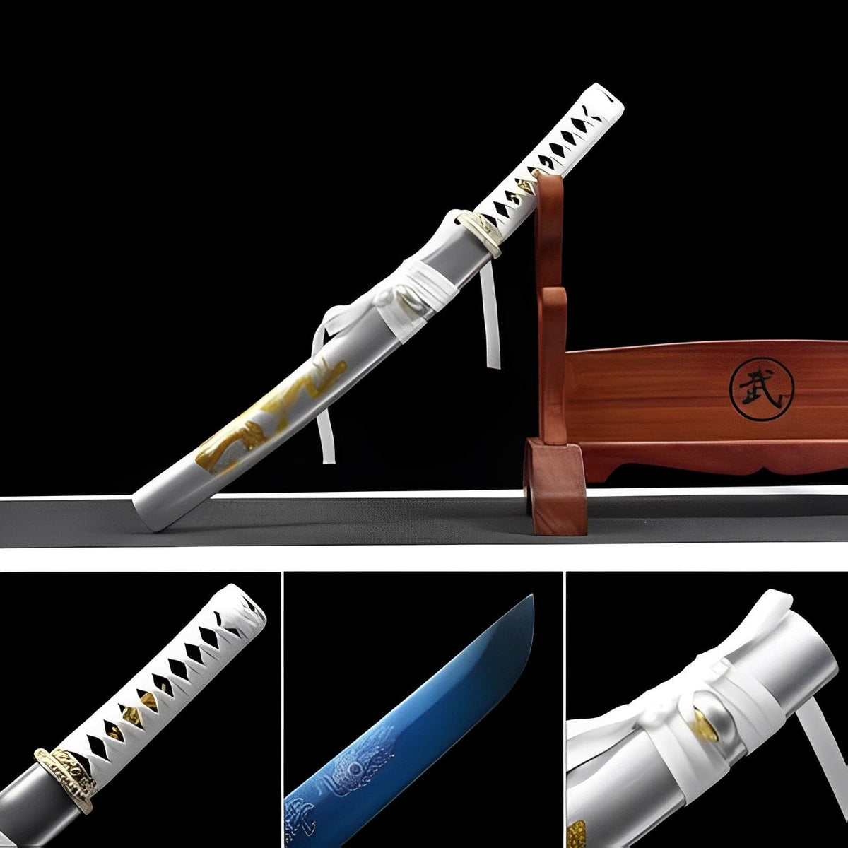 Handmade Japanese Wakizashi White Dragon Chant Short Sword Blue Blade - Tophatter Daily Deals
