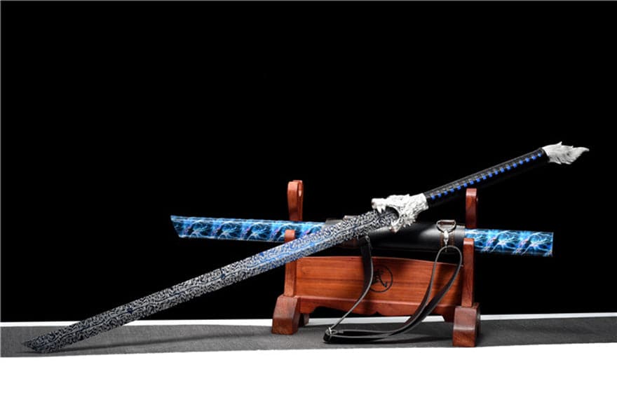 Handmade Silver Moon Wolf King High Manganese Steel Chinese Sword With Baked Blue Blade - Tophatter Daily Deals