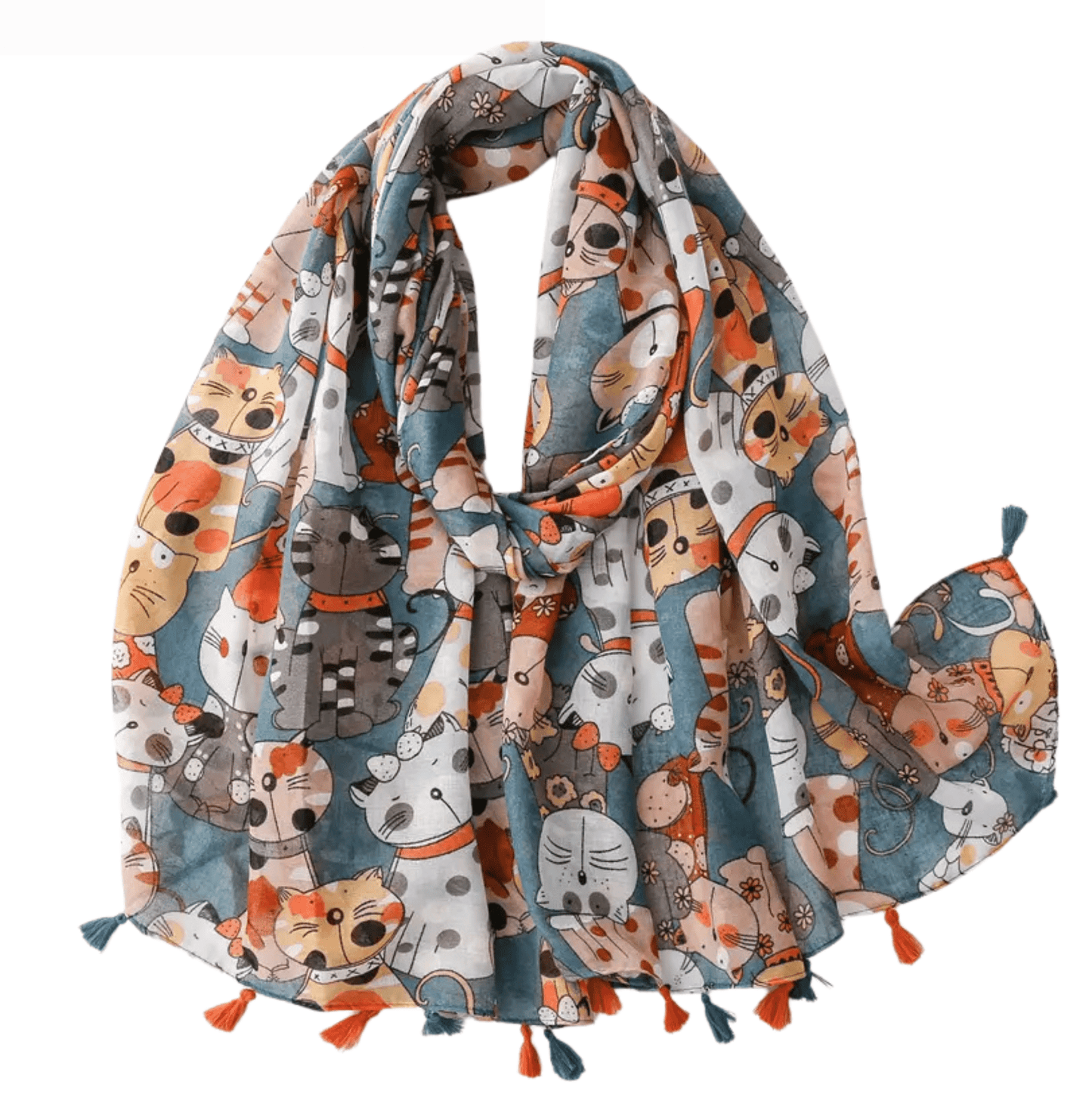 Adorable Blue Cat Print Scarf with Tassels Multi Scarves - Tophatter Daily Deals