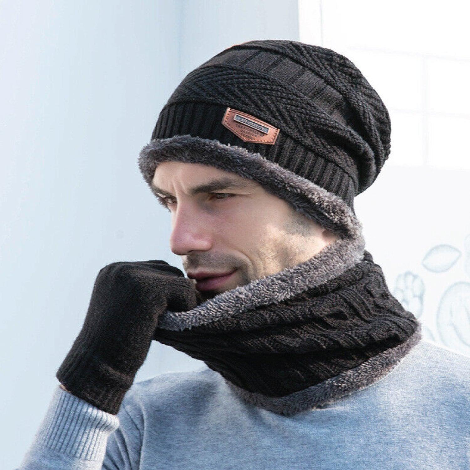 Hat Scarf and Gloves Set - 3pcs Mens Winter Thermal Beanie Knit Hat Glove Neck Scarf Set Men Ski Snow Caps Black Winter Warm - Tophatter Daily Deals