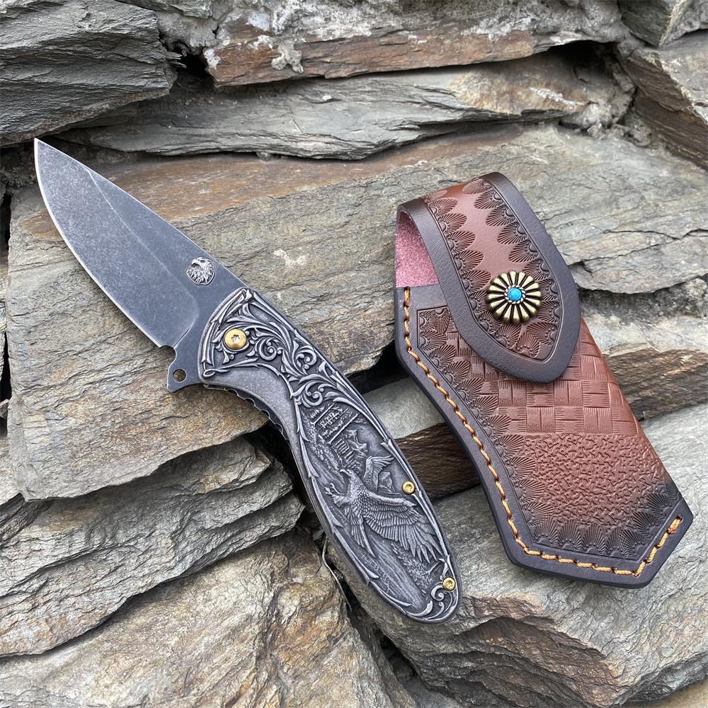 3D Sculpture Eagle Relief Folding Knife Black & Case - Tophatter Daily Deals