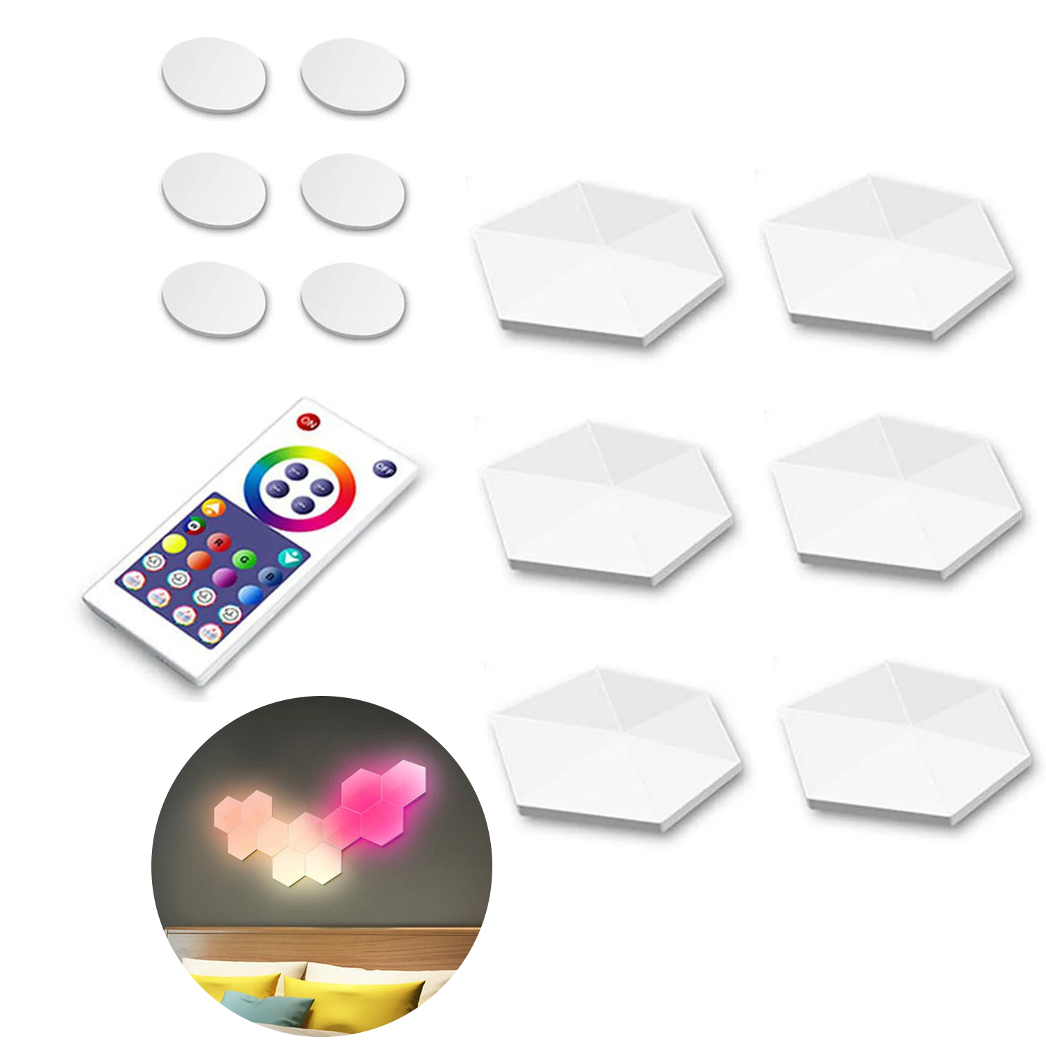 Hexagon Lights for Wall – 6~12PCS Smart LED Hex Lights with Remote Control & Expandable Design Music Sync Wall Lights Speciality & Decorative Lighting - Tophatter Daily Deals