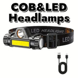 Rechargeable COB LED Headlamp with Magnetic Base - Spotlight and Floodlight, 90 Degree Tilt, USB Charging Outdoor Recreation - Tophatter Daily Deals