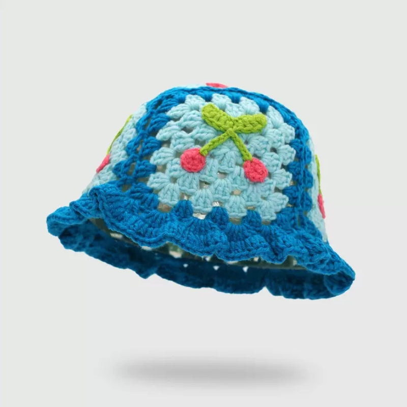 Handmade Crochet Striped Knitted Beanies Hat Cherry Blue Cap - Tophatter Daily Deals