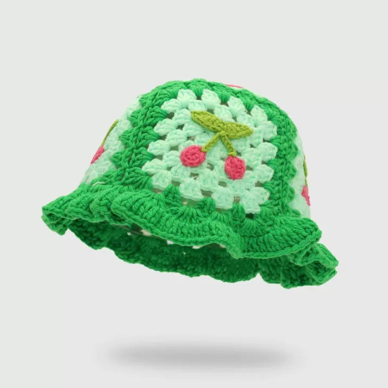 Handmade Crochet Striped Knitted Beanies Hat Cherry Green Cap - Tophatter Daily Deals