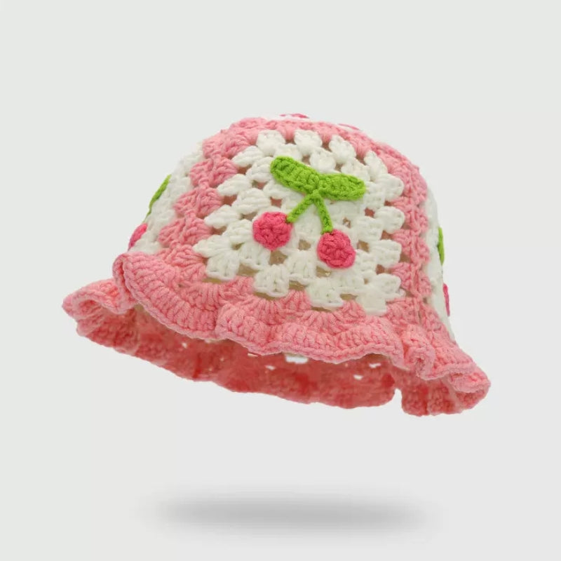 Handmade Crochet Striped Knitted Beanies Hat Cherry Pink Cap - Tophatter Daily Deals