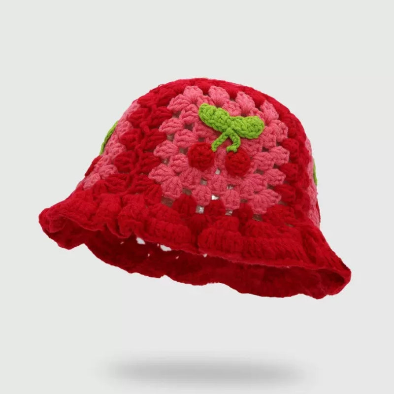 Handmade Crochet Striped Knitted Beanies Hat Cherry Red Cap - Tophatter Daily Deals