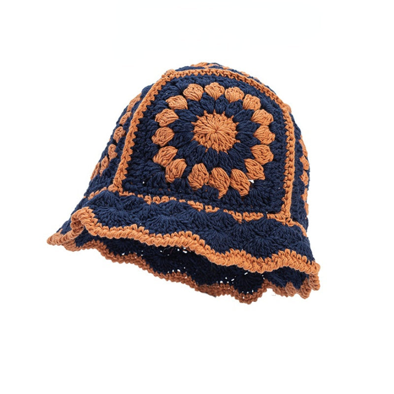 Handmade Crochet Striped Knitted Beanies Hat Navy Blue Cap - Tophatter Daily Deals