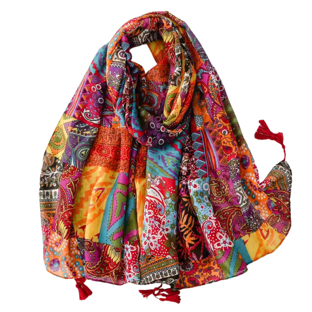 Boho Patchwork Print Scarf with Tassel Accents Multi Scarves - Tophatter Daily Deals