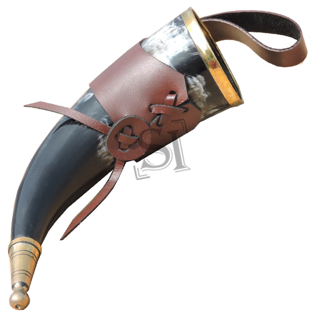 Brass Rim Medieval Drinking Horn with Leather Holster Collectible Weapons - Tophatter Daily Deals