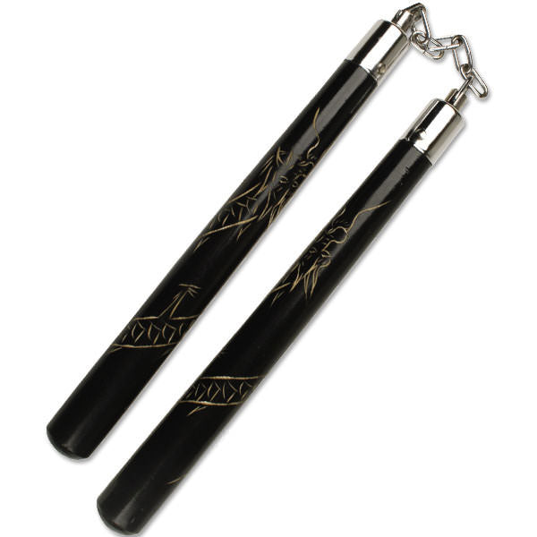 12" Black-Carved Dragon Design Wood Nunchaku Collectible Weapons - Tophatter Daily Deals