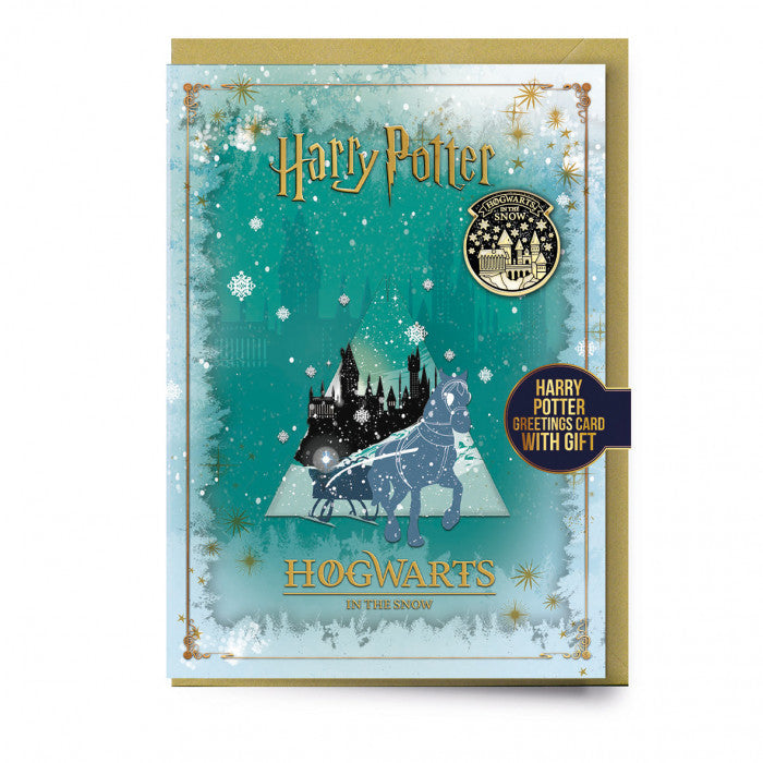 Harry Potter Hogwarts in The Snow Christmas Card with Pin Badge Pin Set - Tophatter Daily Deals