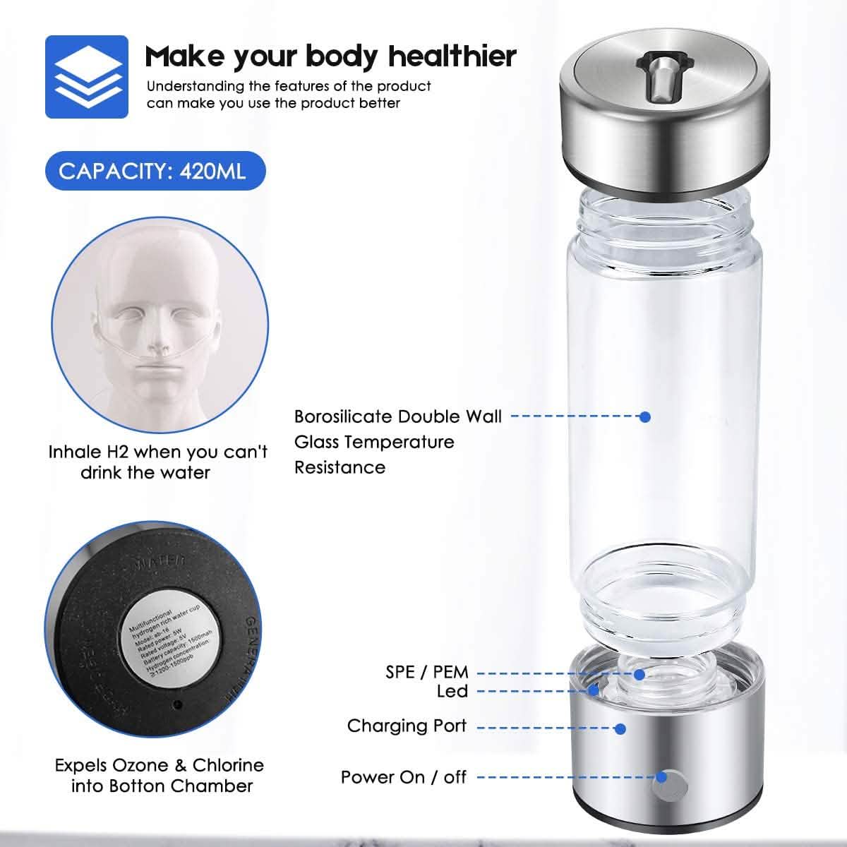 Hydrogen Water Bottle Generator with Inhaler Adapter Health & Wellness - Tophatter Daily Deals