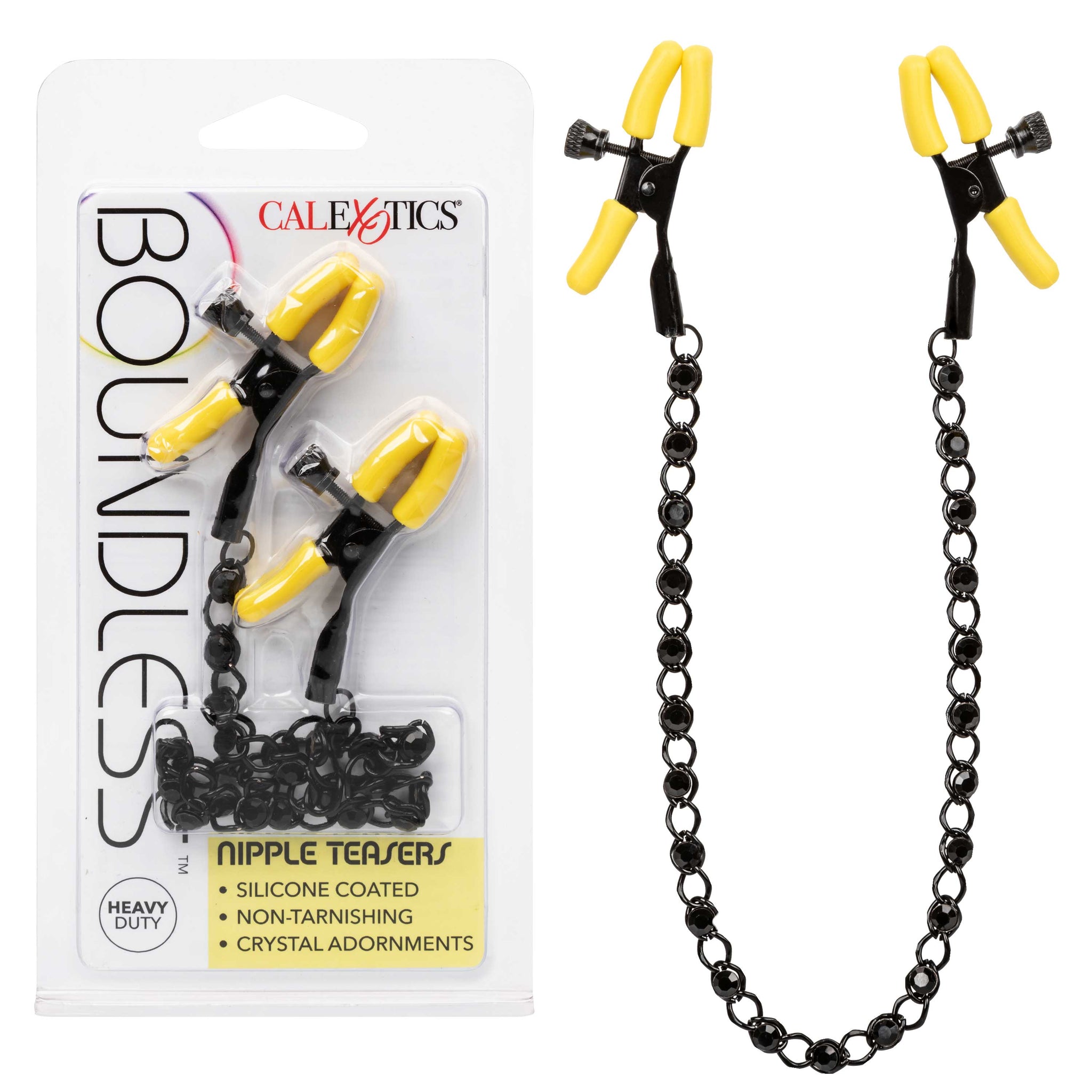 Boundless Nipple Teasers Adjustable Black Chain with Yellow Silicone Coated Clamps and Crystal Adornments > Sex Toys > Nipple Clamps - Tophatter Daily Deals