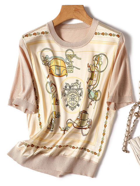 Summer Ice Silk Short Sleeve T-shirt Beige Blouses - Tophatter Daily Deals