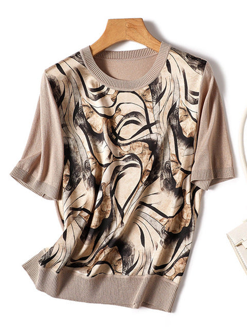 Summer Ice Silk Short Sleeve T-shirt Brown Blouses - Tophatter Daily Deals