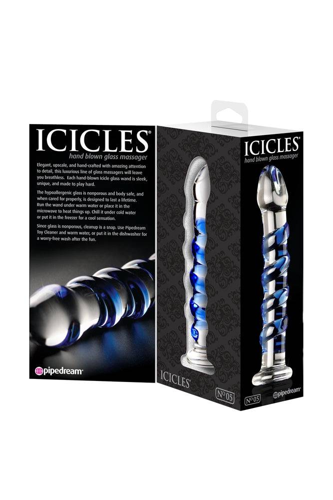 Pipedream - Icicles - No. 5 - Textured Curved Glass Dildo - Clear/Blue Sex Toy - Tophatter Daily Deals