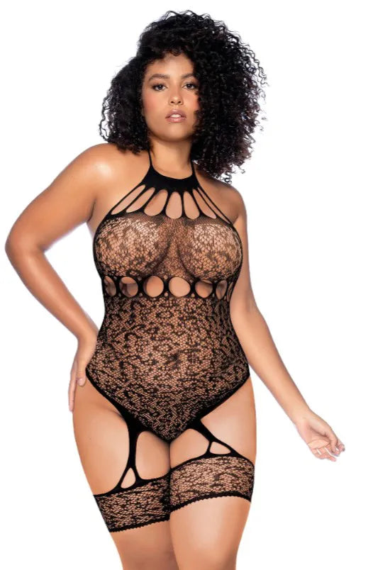 Leopard Halter Fishnet Bodysuit (Black) – Curve Lingerie > Clothes > Bodies and Playsuits - Tophatter Daily Deals