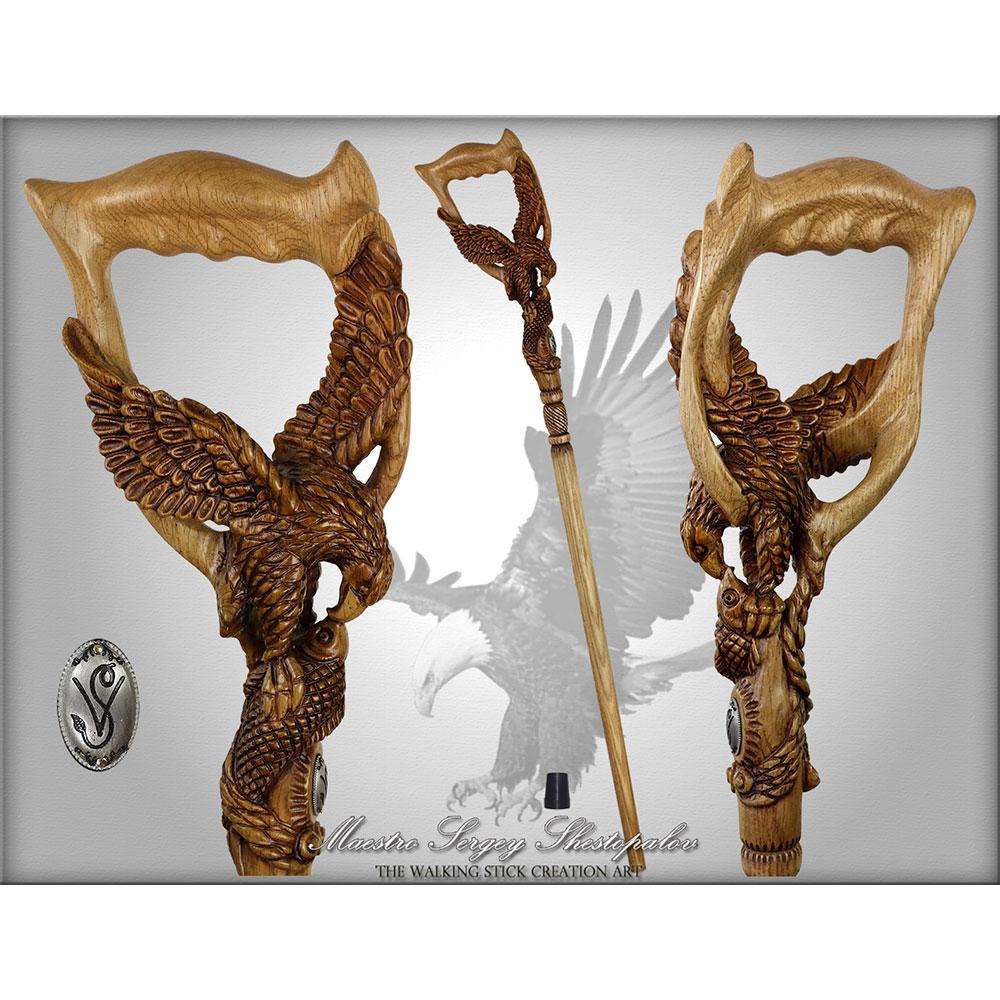 Hunting Eagle and Fish: Artisan Intricate Detail Handcarved Cane Light Wood Animal Handled Canes - Tophatter Daily Deals