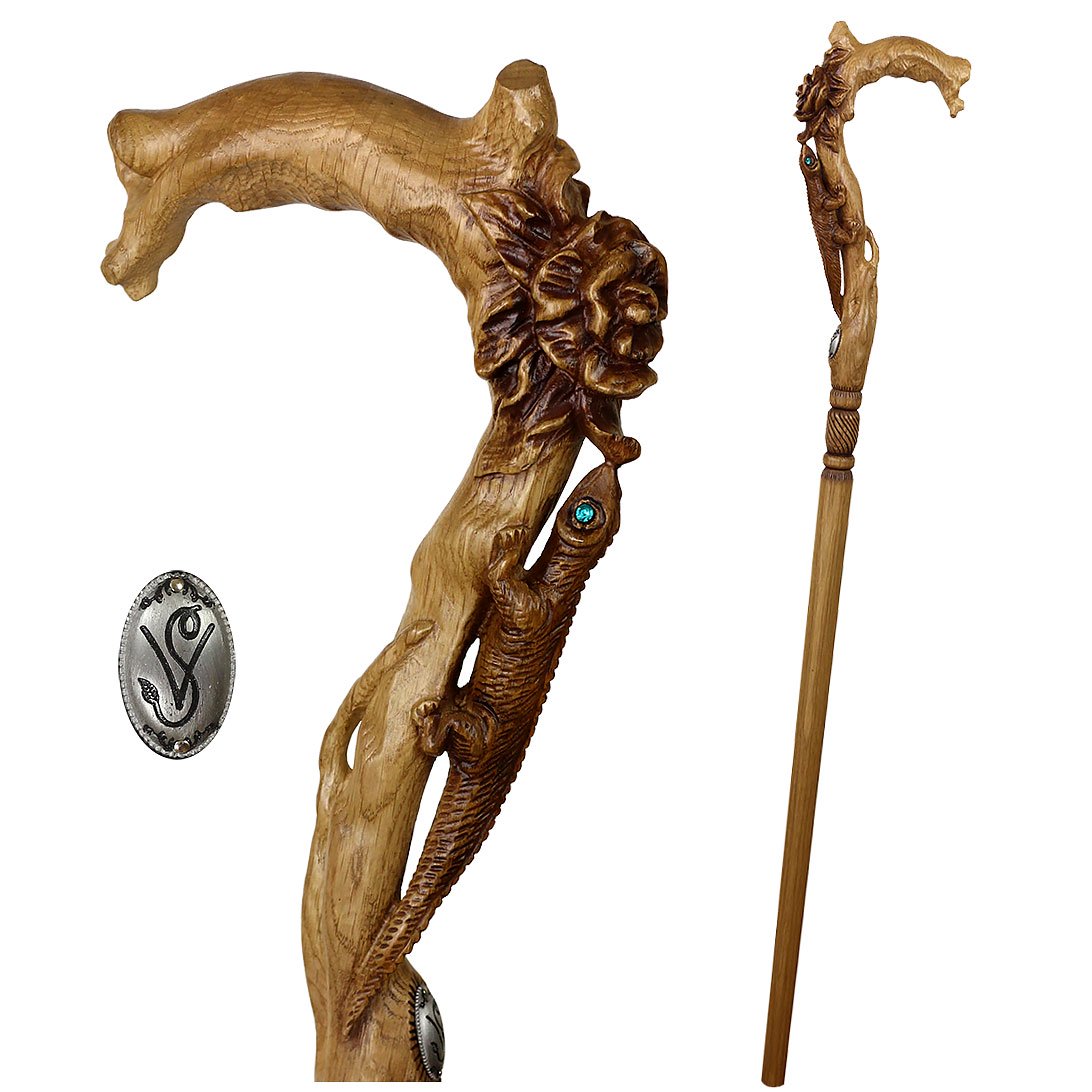 Lizard and Flower: Artisan Intricate Detail Handcarved Cane Animal Handled Canes - Tophatter Daily Deals