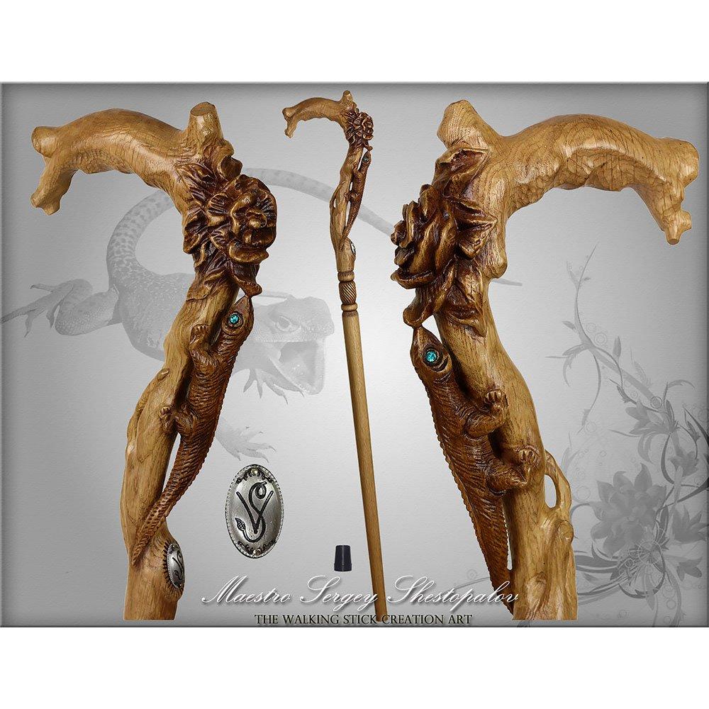 Lizard and Flower: Artisan Intricate Detail Handcarved Cane Light Wood Animal Handled Canes - Tophatter Daily Deals