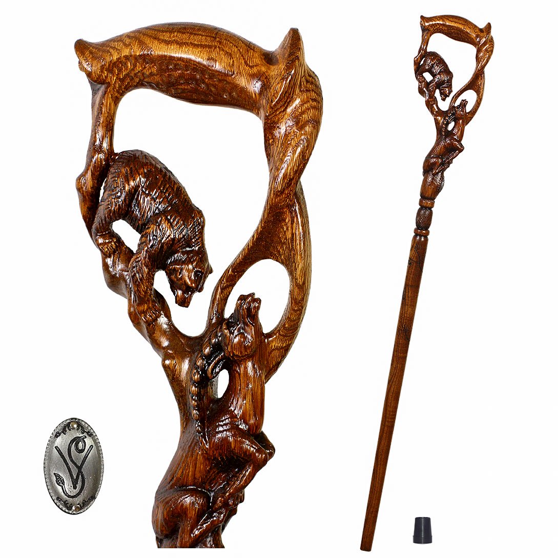 Bear & Gazelle: Artisan Intricate Detail Hand-Carved Cane Dark Wood Hand Carved Artisan - Tophatter Daily Deals