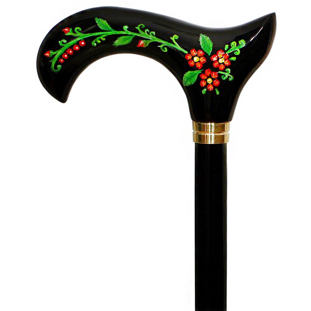 Exquisite Handpainted Flowers on Elegant Black Derby Wood Cane Hand Carved Artisan - Tophatter Daily Deals