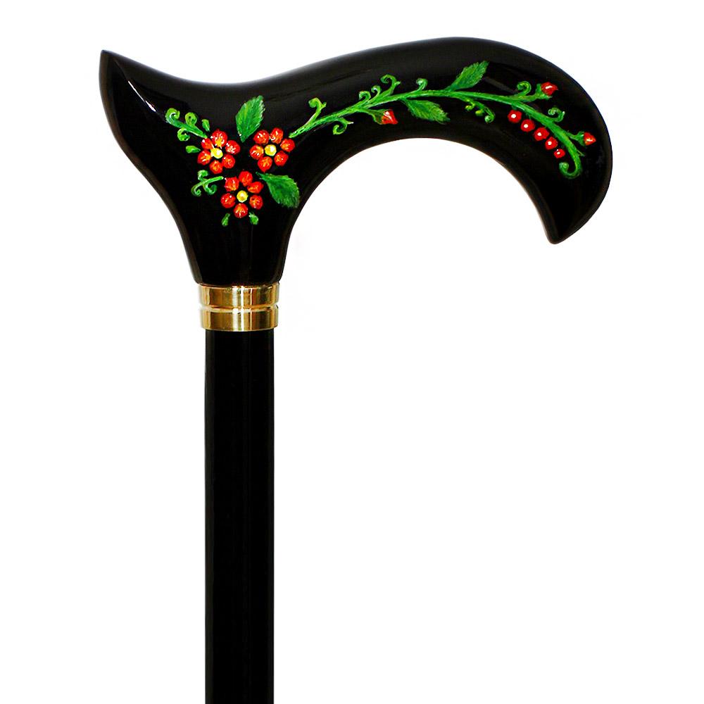 Exquisite Handpainted Flowers on Elegant Black Derby Wood Cane Hand Carved Artisan - Tophatter Daily Deals