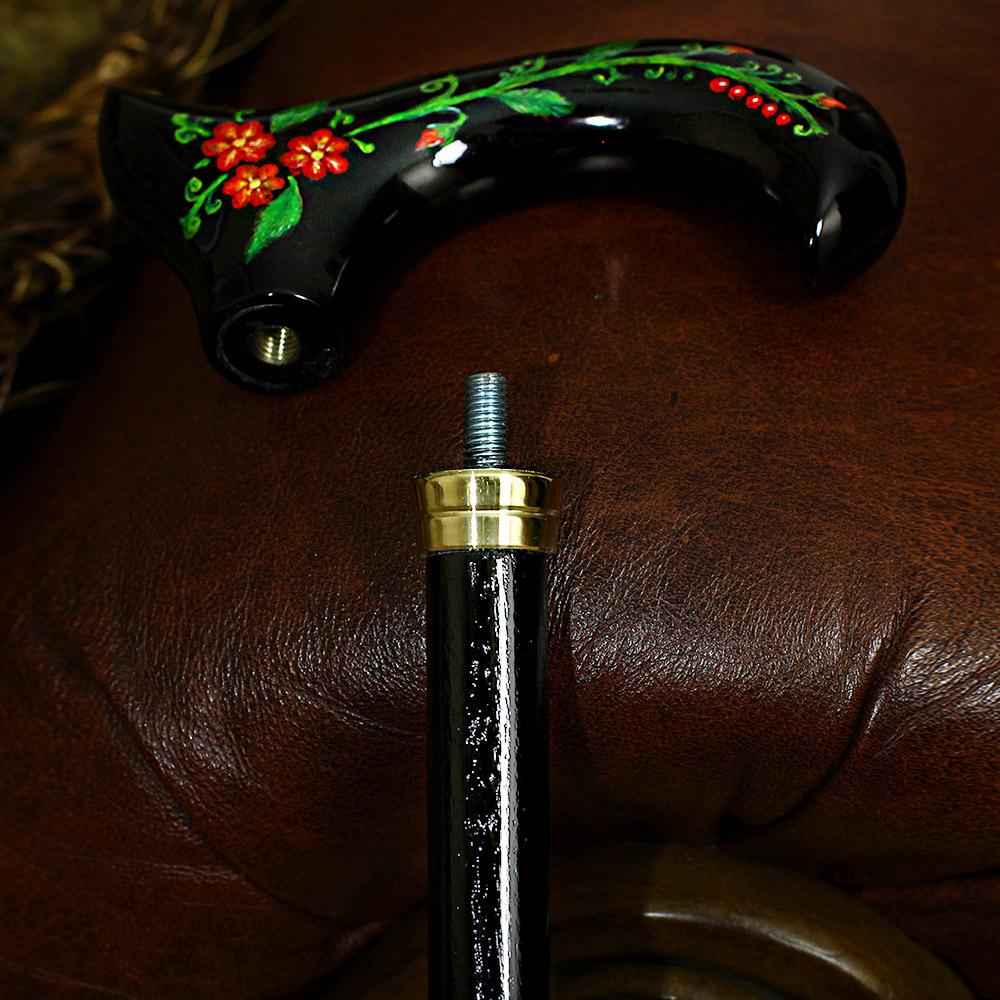 Exquisite Handpainted Flowers on Elegant Black Derby Wood Cane Hand Carved Artisan - Tophatter Daily Deals