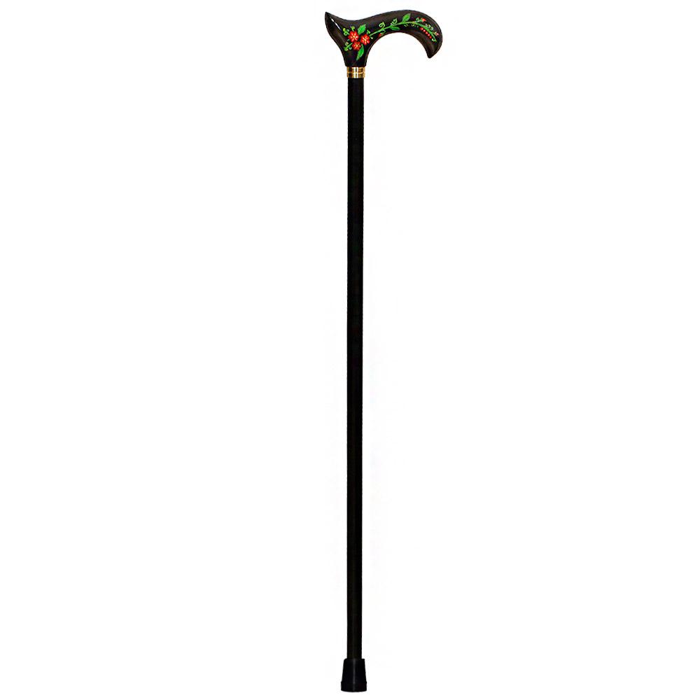Exquisite Handpainted Flowers on Elegant Black Derby Wood Cane Hand Carved Artisan - Tophatter Daily Deals