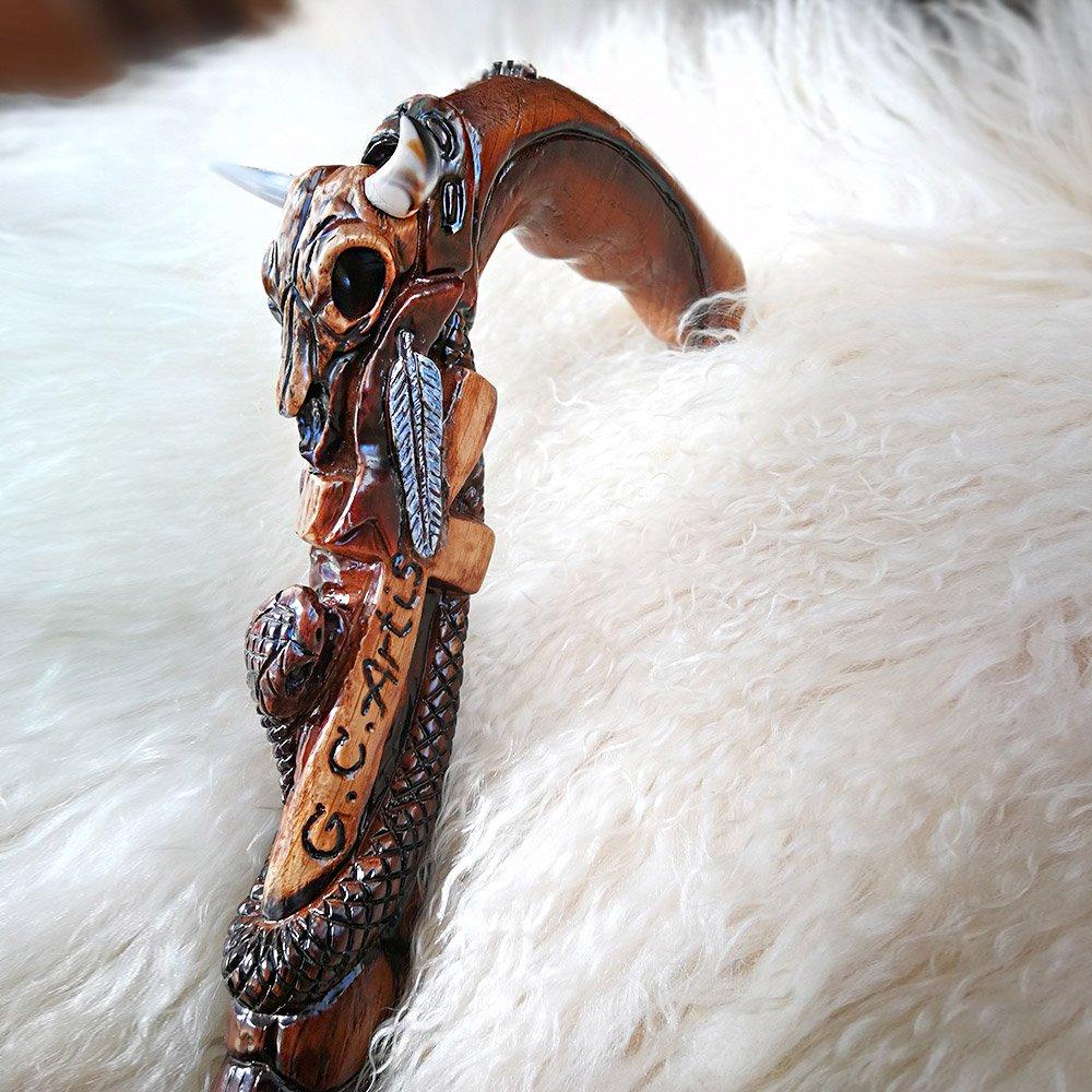 Buffalo Skull Snake: Artisan Intricate Handcarved Wood Cane Hand Carved Artisan - Tophatter Daily Deals