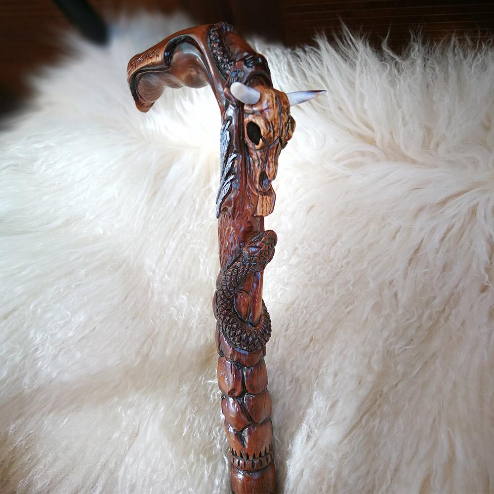 Buffalo Skull Snake: Artisan Intricate Handcarved Wood Cane Hand Carved Artisan - Tophatter Daily Deals