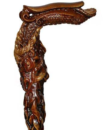 Dark Fiery Dragon Oak Wood Artisan Intricate Handcarved Cane Hand Carved Artisan - Tophatter Daily Deals