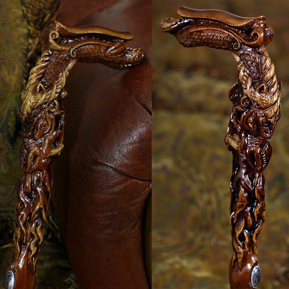 Dark Fiery Dragon Oak Wood Artisan Intricate Handcarved Cane Hand Carved Artisan - Tophatter Daily Deals