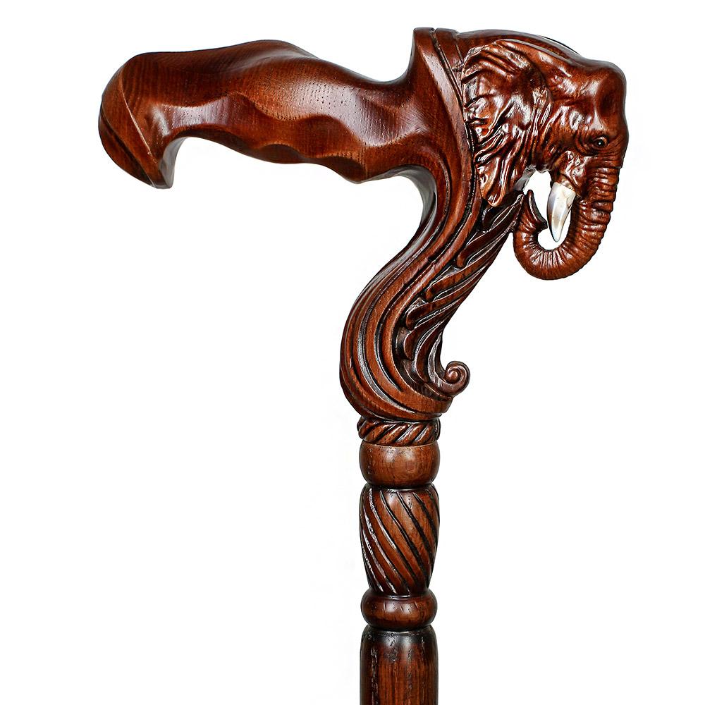 Elephant: Artisan Intricate Handcarved Wood Cane (Right Hand) Hand Carved Artisan - Tophatter Daily Deals