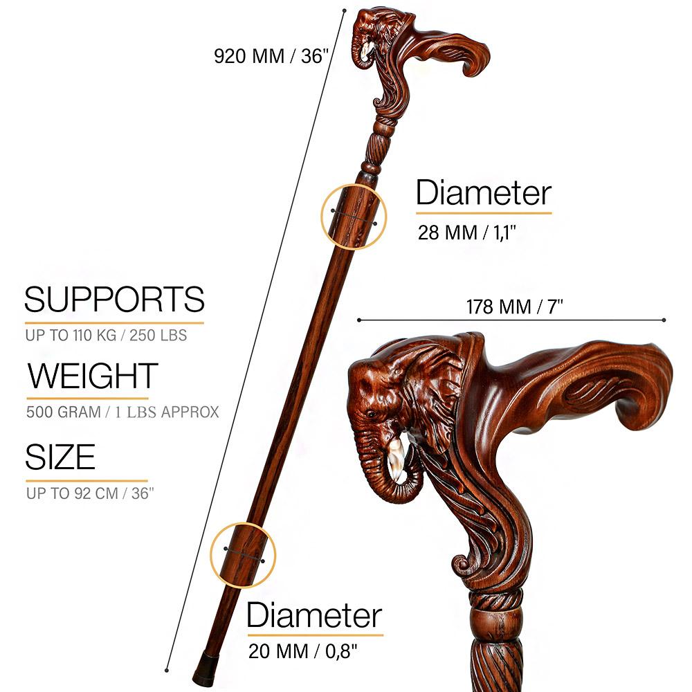 Elephant: Artisan Intricate Handcarved Wood Cane (Right Hand) Hand Carved Artisan - Tophatter Daily Deals