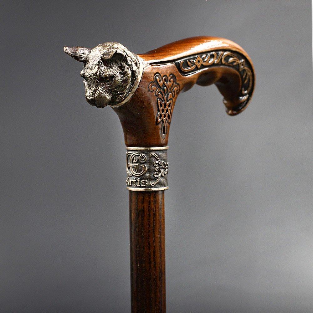 Mystical Cat with Bronze Head: Handcarved Cane with Collar Hand Carved Artisan - Tophatter Daily Deals