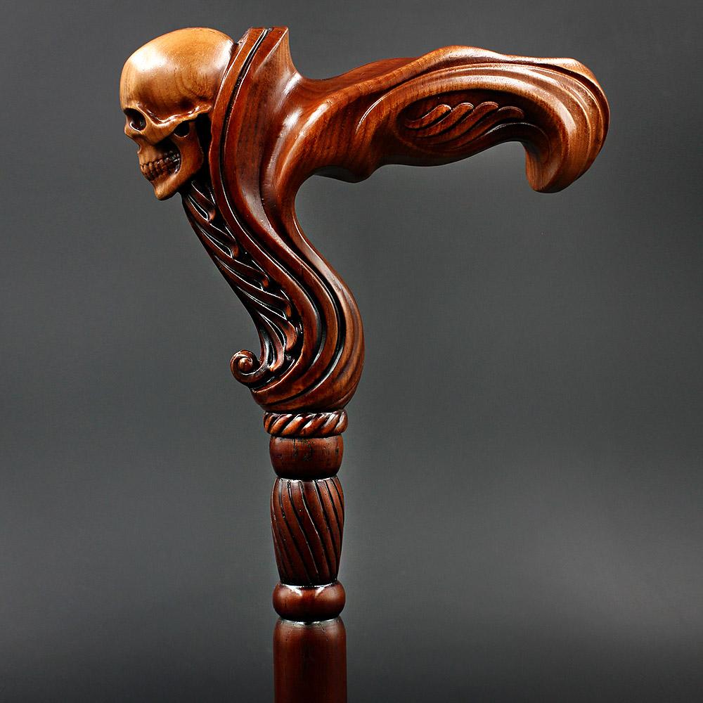 Skull Head: Artisan Intricate Handcarved Wood Cane (Right Hand) Hand Carved Artisan - Tophatter Daily Deals