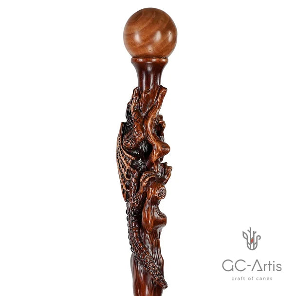 The Dragon Staff - Dark Wood Walking Staff Master-Carved Dragon Walking Staff Hand Carved Artisan - Tophatter Daily Deals