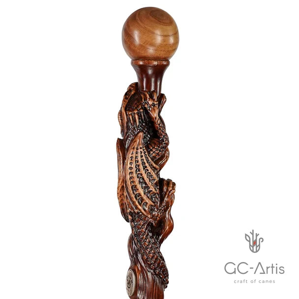 The Dragon Staff - Dark Wood Walking Staff Master-Carved Dragon Walking Staff Hand Carved Artisan - Tophatter Daily Deals