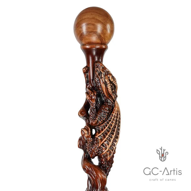 The Dragon Staff - Dark Wood Walking Staff Master-Carved Dragon Walking Staff Hand Carved Artisan - Tophatter Daily Deals