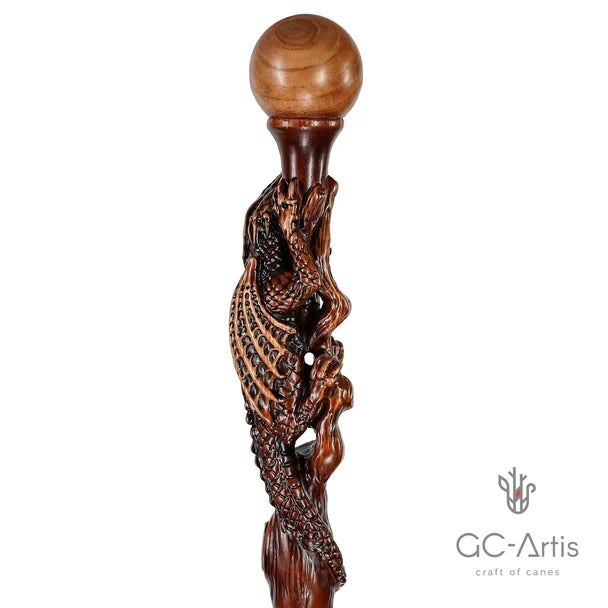 The Dragon Staff - Dark Wood Walking Staff Master-Carved Dragon Walking Staff Hand Carved Artisan - Tophatter Daily Deals