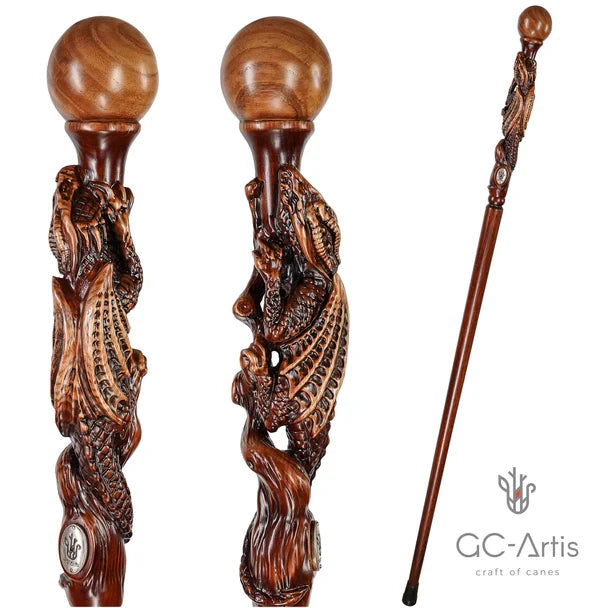 The Dragon Staff - Dark Wood Walking Staff Master-Carved Dragon Walking Staff Hand Carved Artisan - Tophatter Daily Deals