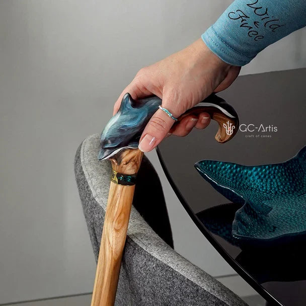 Masterpiece Hand-Carved Dolphin Painted Walking Cane Hand Carved Artisan - Tophatter Daily Deals