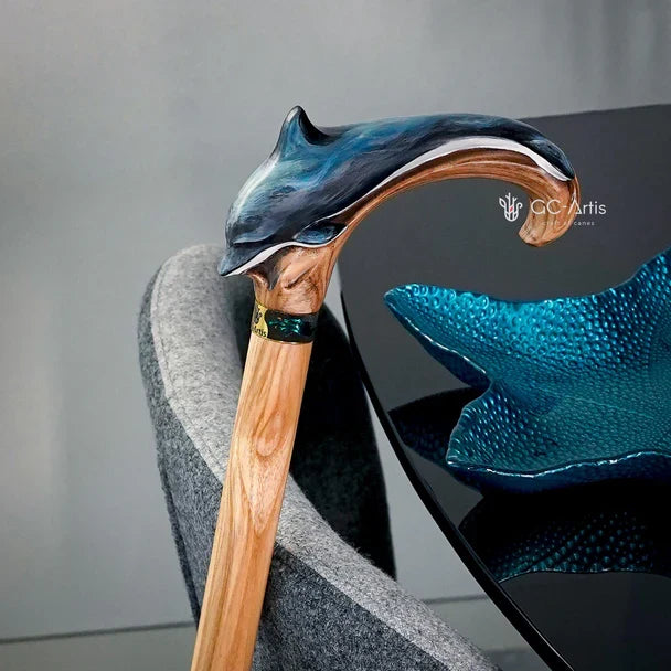 Masterpiece Hand-Carved Dolphin Painted Walking Cane Hand Carved Artisan - Tophatter Daily Deals