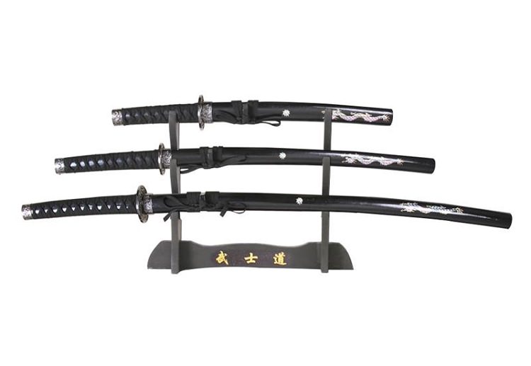 4 Pcs Dragon Slayer Samurai Katana Sword Set Black - TOPHATTER'S ARMORY DEALS Collectible Weapons - Tophatter Daily Deals