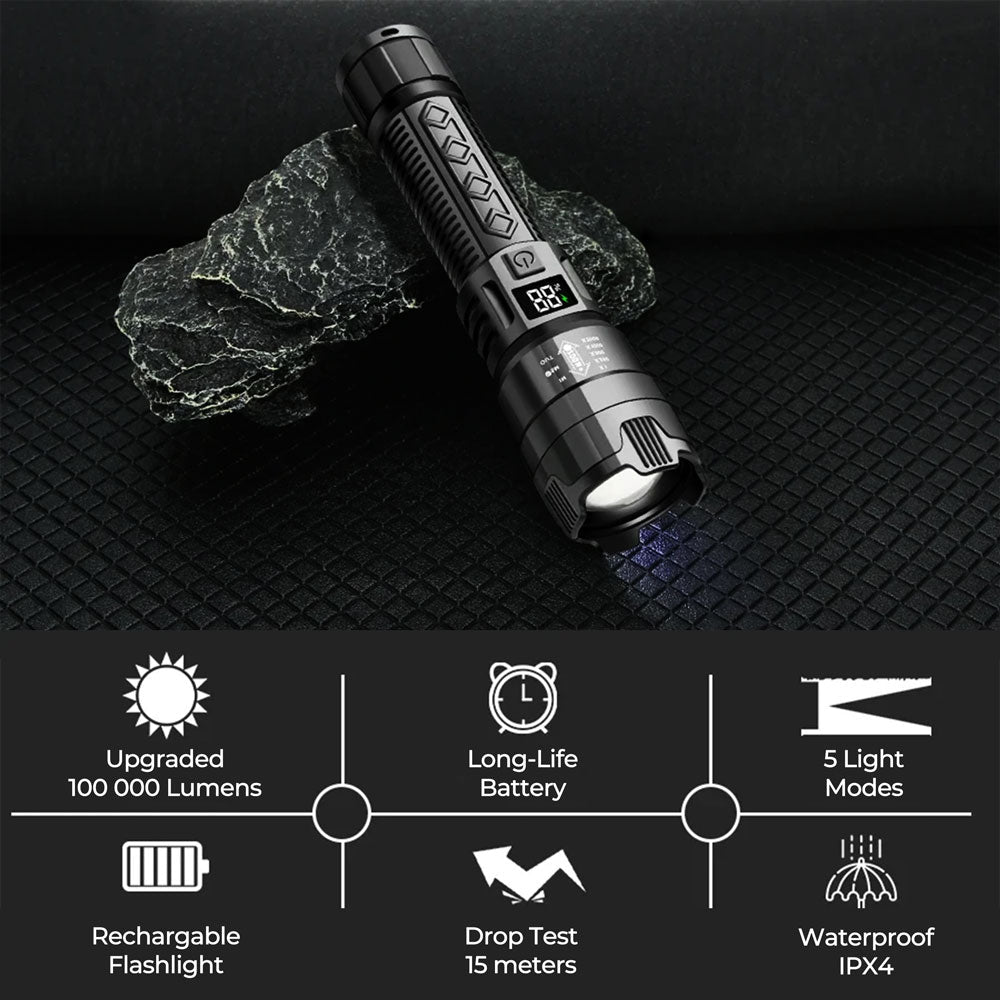 Flashlight 100K Lumens Rechargeable LED Waterproof Camping - Tophatter Daily Deals